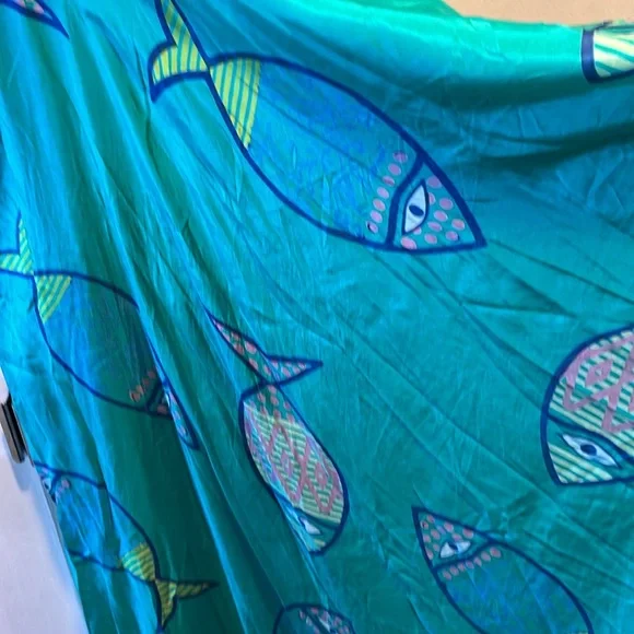 Silk Blue/Green Fish Print Maxi Dress. - Picture 3 of 8